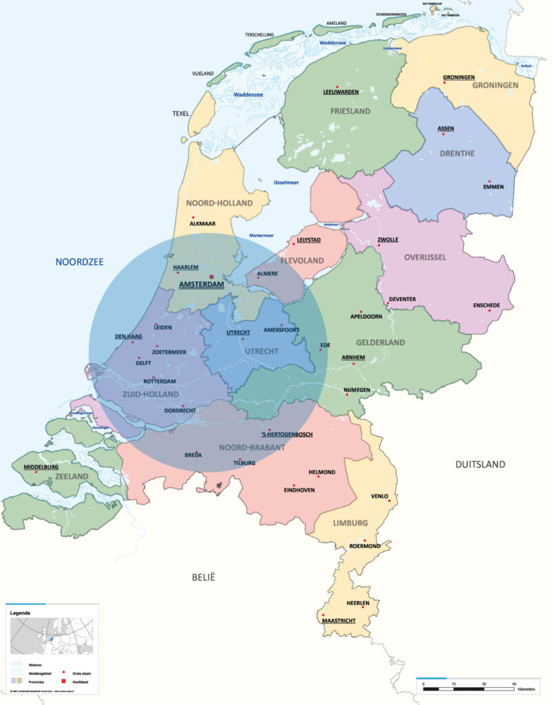 Kaart met het gebied waarin wij op locatie slijpen